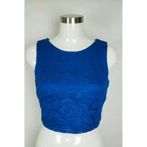 Ambiance Apparel Royal Blue Lace Crop Top Size S Sleeveless Floral Embroidered